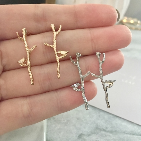 Bird on Branch Gold or Silver Minimalist Earrings - Picture 3 of 8